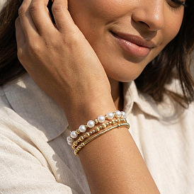 3шт. 3 стильные браслеты из латуни с круглыми бусинами из искусственного жемчуга, эластичные, составные браслеты для женщин