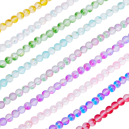 9 Strands 9 Colors Frosted Spray Painted Glass Beads Strands, with Golden Foil, Round
