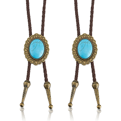 2piezas de collares tipo bolo ovalados de aleación con piedras preciosas sintéticas, Collares tipo lariat de cordón redondo de cuero sintético trenzado, coco marrón