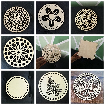Wooden Basket Bottoms, Crochet Basket Base, for Knitting Supplies, Flat Round with Butterfly/Flower/Leaf/Bird/None Pattern