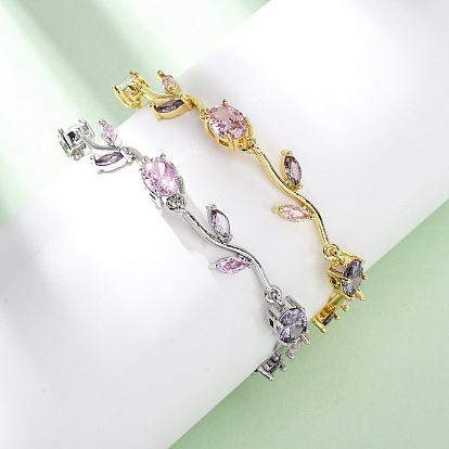 Браслеты из латуни с микропаве и фианитами для женщин, лист, долговечный, стойки покрытие, без свинца и без кадмия