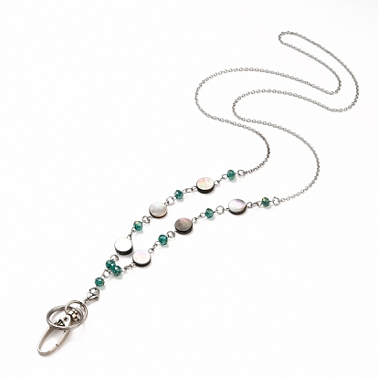 ID Card Neck Strap Card Holder, Badge Holder Lanyard, with Glass Beads, Natural Black Lip Shell Beads, Iron Swivel Clasps and Stainless Steel Findings