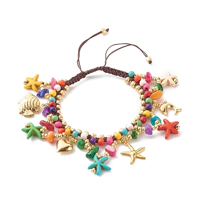 Ocean Animal Theme Braided Bead Bracelet, Synthetic Turquoise(Dyed) & Natural Chip Shell & Glass Beads Bracelet, Starfish & Heart & Dolphin Drop Charm Bracelet for Women