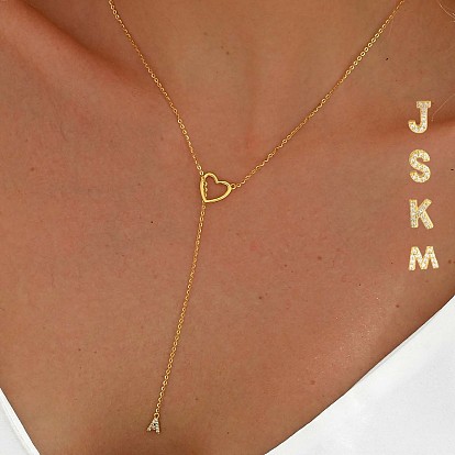 Colliers lariat simples en argent sterling avec pendentif en forme de cœur en zircone cubique transparente et micro pavé pour femmes, or