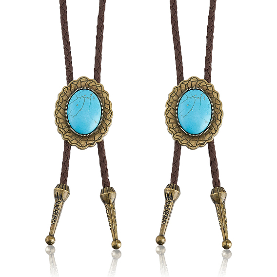 2piezas de collares tipo bolo ovalados de aleación con piedras preciosas sintéticas, Collares tipo lariat de cordón redondo de cuero sintético trenzado, coco marrón