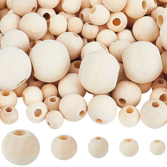 400 pcs 5 styles perles en bois naturel non fini, perles de macramé, perles rondes en bois à gros trous pour la fabrication artisanale