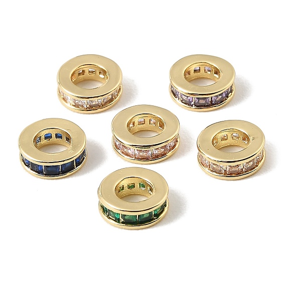 Brass Pave Cubic Zirconia European Beads, Flat Round, Large Hole Beads, Rack Plating, Long-Lasting Plated, Lead Free & Cadmium Free, Real 18K Gold Plated