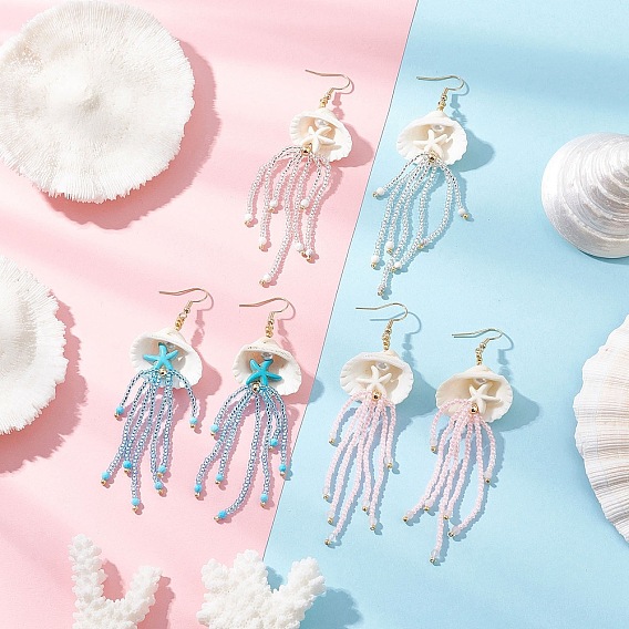 3 Pairs 304 Stainless Steel Gemstone & Glass Seed Beaded Jellyfish Dangle Earrings, Golden