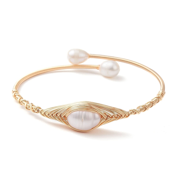 Natural Pearl Beaded Cuff Bangles, Golden Copper Wire Wrapped Bangle