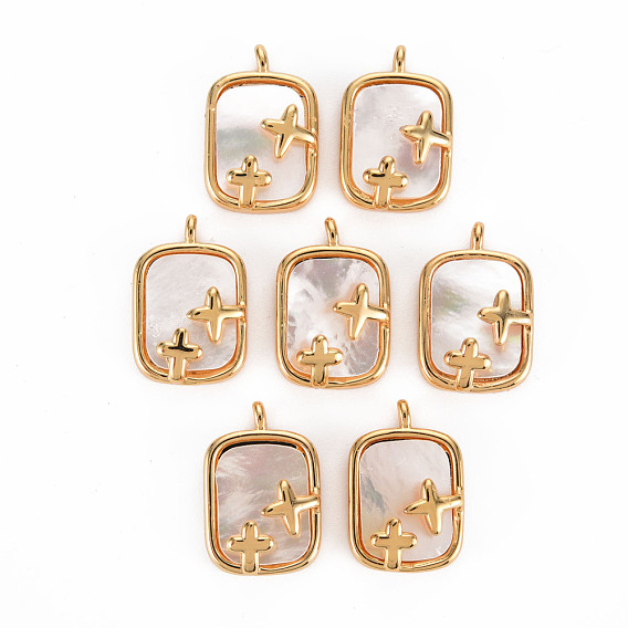 Natural Shell Pendants, with Brass Findings, Long-Lasting Plated, Cadmium Free & Lead Free, Rectangle & Cross