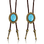 2piezas de collares tipo bolo ovalados de aleación con piedras preciosas sintéticas, Collares tipo lariat de cordón redondo de cuero sintético trenzado, coco marrón