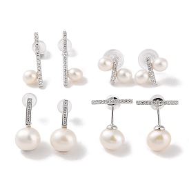 Sterling Silver Stud Earrings, with Natural Pearl and Cubic Zirconia, Jewely for Women