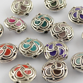Handmade Indonesia Beads, with Alloy Cores, Flat Round, 14x8mm, Hole: 1.5mm
