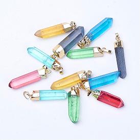 Natural Quartz Crystal Pointed Pendants, Dyed, with Brass Finding, Bullet, Golden