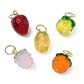 5Piezas de colgantes de vidrio transparente con forma de fruta y lampwork hechos a mano, con 304 anillos de salto de acero inoxidable, formas mixtas