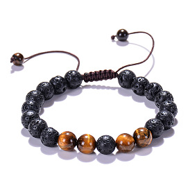 Natural Gemstone Yoga Bracelet Set - 8mm Tiger Eye and Lava Stone Essential Oil Diffuser Beaded Bracelets