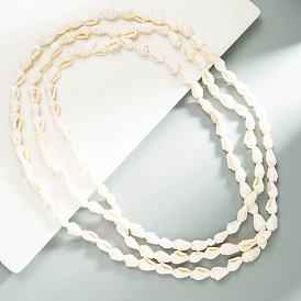 Collier long en coquillage blanc de style ethnique vintage - bijoux pendentif multicouches.