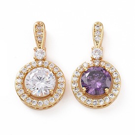 Brass Micro Pave Cubic Zirconia Pendants, with Glass, Real 18K Gold Plated, Flat Round Charm