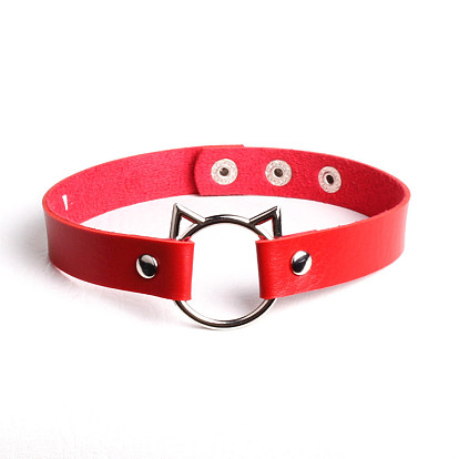 Cute Cat Head PU Leather Collar for Punk Fashion Street Style with Lock and Clavicle Chain Jewelry