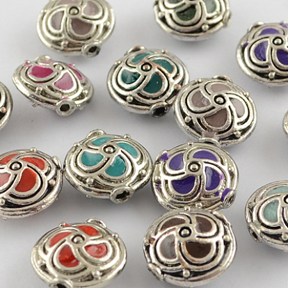 Handmade Indonesia Beads, with Alloy Cores, Flat Round, 14x8mm, Hole: 1.5mm