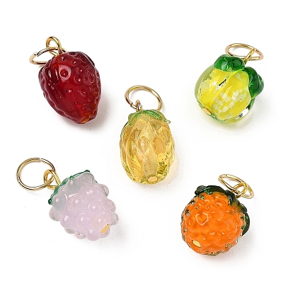 5Piezas de colgantes de vidrio transparente con forma de fruta y lampwork hechos a mano, con 304 anillos de salto de acero inoxidable, formas mixtas