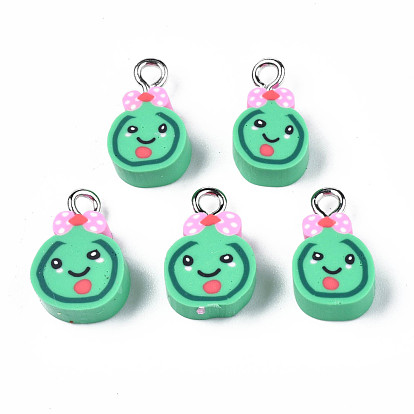 Imitation Food Handmade Polymer Clay Charms, with Platinum Plated Iron Loop, Lollipop with Bowknot & Smile