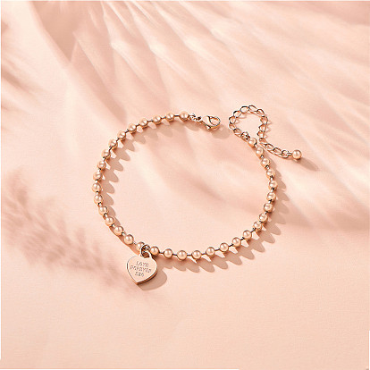 SHEGRACE Titanium Steel Charm Anklets for Valentine's Day, with Ball Chains and Lobster Claw Clasps, Heart with Word Love Forever 520