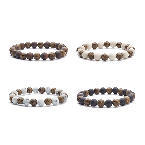 Natural Wenge Wood & Gemstone Round Beaded Stretch Bracelet, Yoga Jewelry for Women