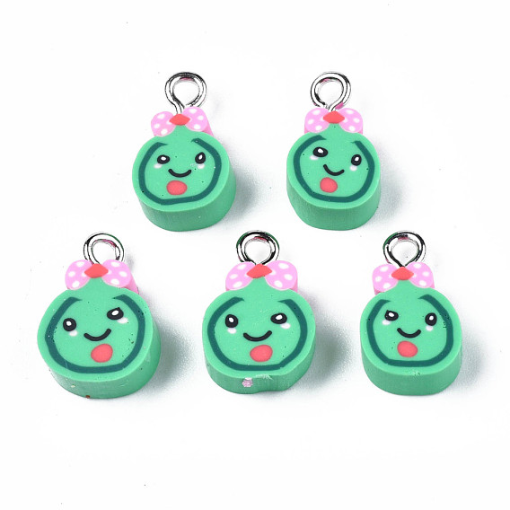 Imitation Food Handmade Polymer Clay Charms, with Platinum Plated Iron Loop, Lollipop with Bowknot & Smile