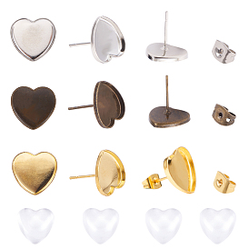 DIY Stud Earring Makings, with Brass Stud Earring Settings, with Transparent Heart Glass Cabochons and Iron Ear Nuts/Earring Backs
