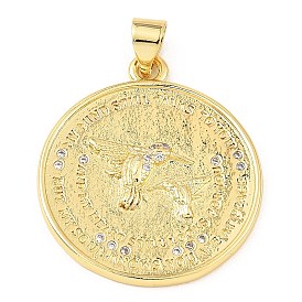 Rack Plating Brass Micro Pave Cubic Zirconia Pendants, Long-Lasting Plated, Cadmium Free & Lead Free, Flat Round
 with Hummingbird Charms