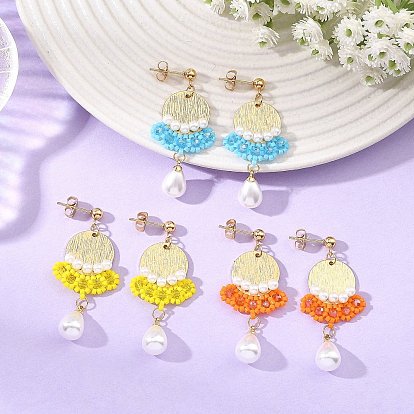 Pendientes colgantes de latón con cuentas de vidrio, rondo, Pendientes de botón con colgantes de imitación de perlas de plástico ABS, chapado en rack, dorado