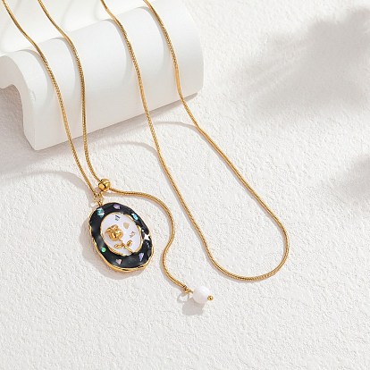 304 Подвеска в виде розы из нержавеющей стали с эмалью, черная овальная, круглая, в виде змеиной цепочки, колье-лариата для женщин