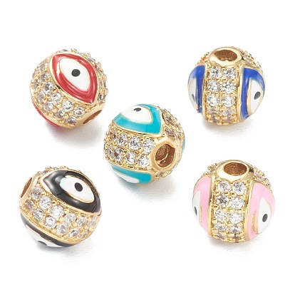 Brass Micro Pave Cubic Zirconia Charms, with Enamel,  Long-Lasting Plated, Flat Round with Evil Eye, Real 18K Gold Plated