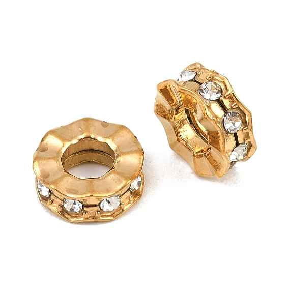 304 Stainless Steel Rhinestone European Beads, Large Hole Beads, Flat Round, Ion Plating(IP), Long-Lasting Plated
