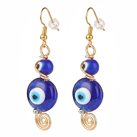 Lampwork Evil Eye Dangle Earrings, Brass Wire Wrap Jewelry for Women