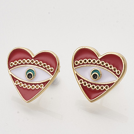 Brass Stud Earrings Findings, with Enamel and Ear Nuts/Earring Backs, Heart with Eye, Golden