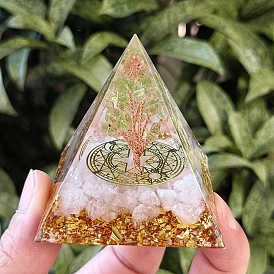 Orgonite Pyramid Resin Energy Generators, Reiki Natural Peridot & Quartz Crystal Chips Tree of Life for Home Office Desk Decoration