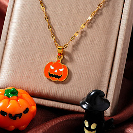 Stainless Steel Enamel Halloween Pumpkin Pendant Dapped Chain Necklaces, Golden