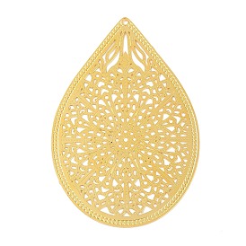 Brass Etched Metal Embellishments Pendants, Teardrop with Flower