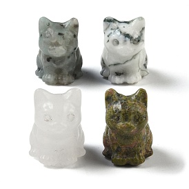 Natural Mixed Gemstone Carved Cat Figurines, for Home Office Desktop Feng Shui Ornament