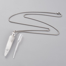 Natural Quartz Crystal Openable Perfume Bottle Pendant Necklaces, with 304 Stainless Steel Box Chains and Plastic Dropper, Bullet