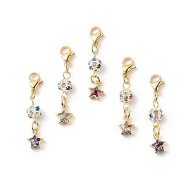 Brass Cubic Zirconia Star Pendant Decorations, with Rhinestone Beads and 304 Stainless Steel Lobster Claw Clasps