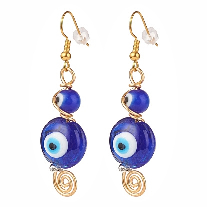 Lampwork Evil Eye Dangle Earrings, Brass Wire Wrap Jewelry for Women