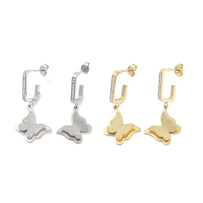 Left and Right Texture Butterfly 304 Stainless Steel Dangle Earrings, Rhinestone Stud Earrings for Women