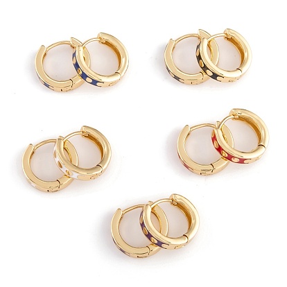 Brass Enamel Huggie Hoop Earrings, Ring with Flat Round, Real 18K Gold Plated