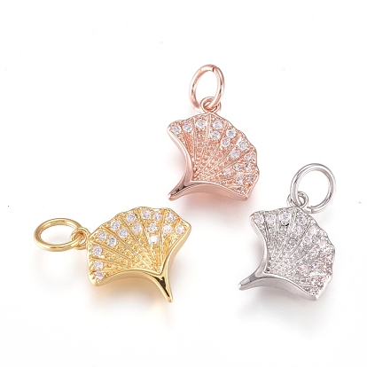 Brass Charms, with Micro Pave Cubic Zirconia and Jump Rings, Ginkgo, Clear