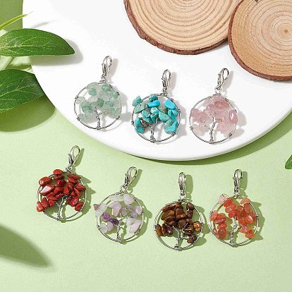Tree of Life Wire Wrapped Natural Mixed Gemstone Pendant Decorations, Lobster Claw Clasps Ornaments for Bag Key Chain