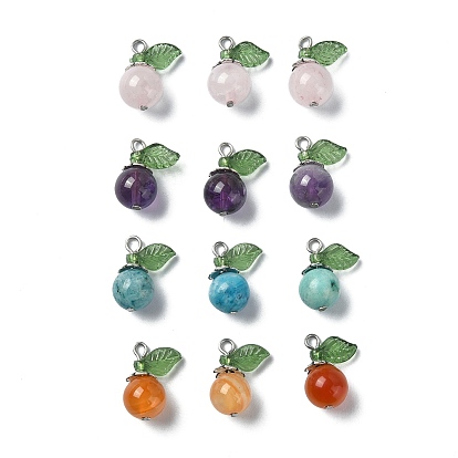 12 piezas 4 estilos colgantes de frutas con piedras preciosas naturales mixtas, dijes de manzana con tono de color acero inoxidable 304 aros de acero inoxidable, mezclado teñido y sin teñir