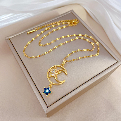 Crystal Rhinestone Moon with Enamel Star Evil Eye Pendant Necklace, Titanium Steel Jewelry for Women